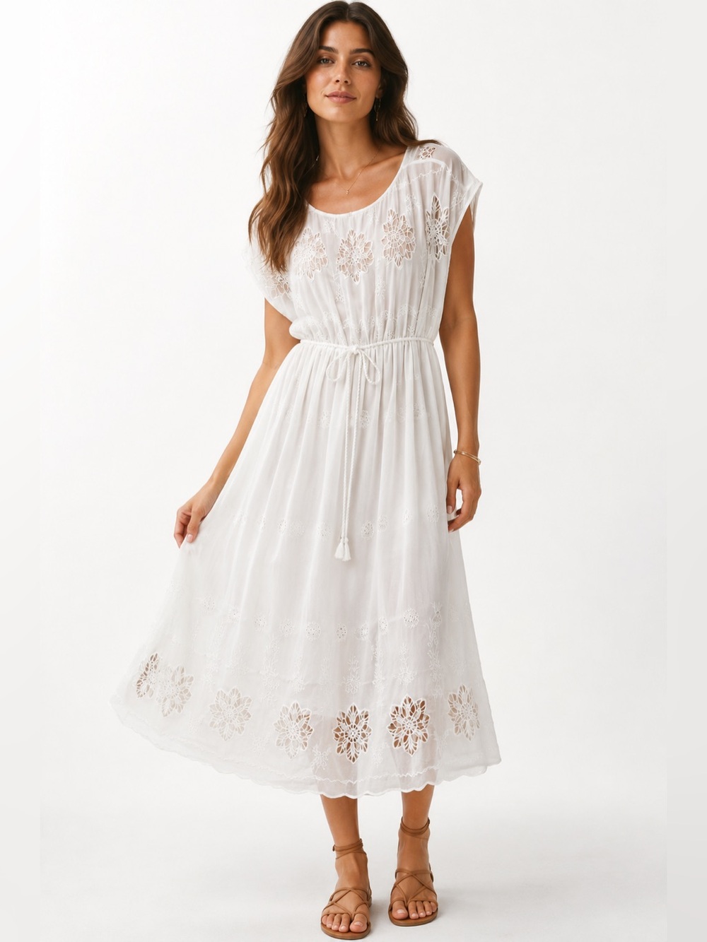 White Embroidered Eyelet Boho Midi Dress Floral Tie Waist Summer Resort Dress